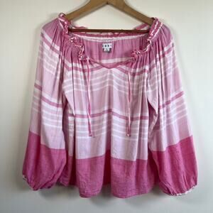Dash Pink White Striped Peasant Blouse Boho Poet Top Balloon Sleeve Size XL